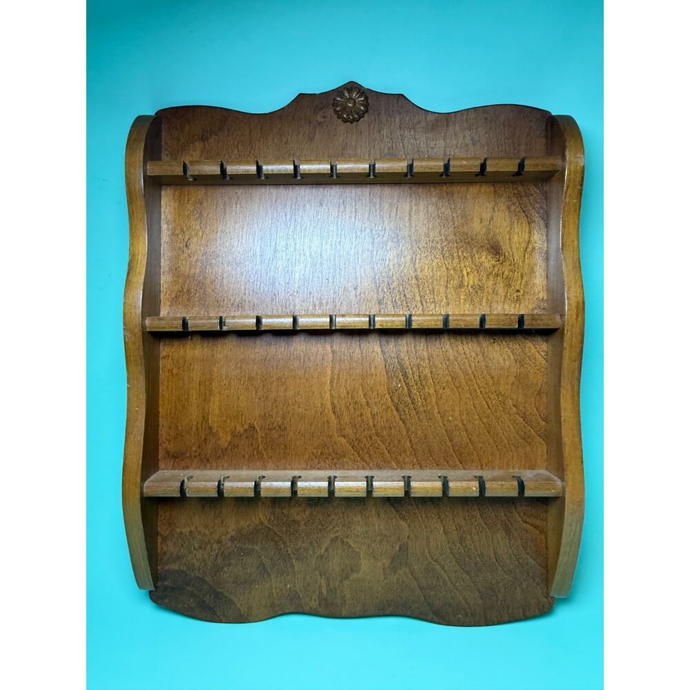 Vintage Canadian Wood Wall Hanging Souvenir Spoon Rack 30 Slots Display Holder